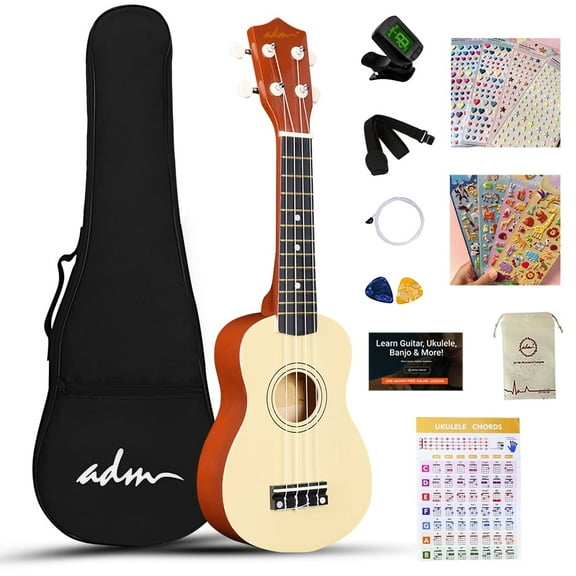 ADM Soprano Ukulele Set for Kids and Beginners, Ukulele Starter Kit with Bag, Clip-On Tuner, Chord Card (Natur)