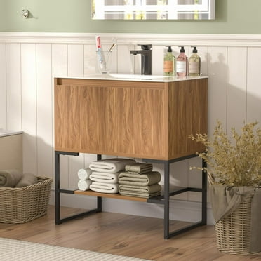 ADOFFUR 30 Inch Bathroom Vanity with Sink Combo, Modern Bathroom Vanities with Ceramic Sink,Soft-Closing Doors,Storage Shelf, Walnut