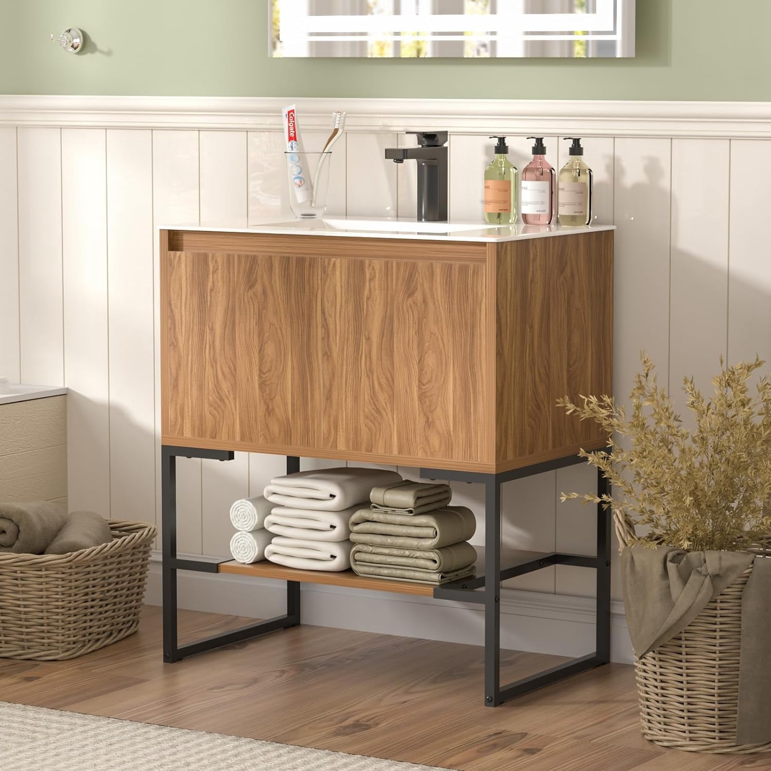 36 Inch Bathroom Vanity With Sink - Walnut Mid-Century Modern Cabinet, Soft-Close Doors