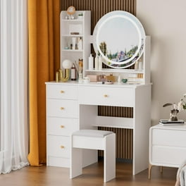 UHOMEPRO Vanity Desk with Lighted Mirror Vanity Table Makeup Desk with 2 Drawers and 6 Storage Shelves Bedroom Large Vanity for Girls Women White Walmart
