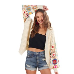 ADORA Contrast Crochet Open Front Long Sleeve Cardigan