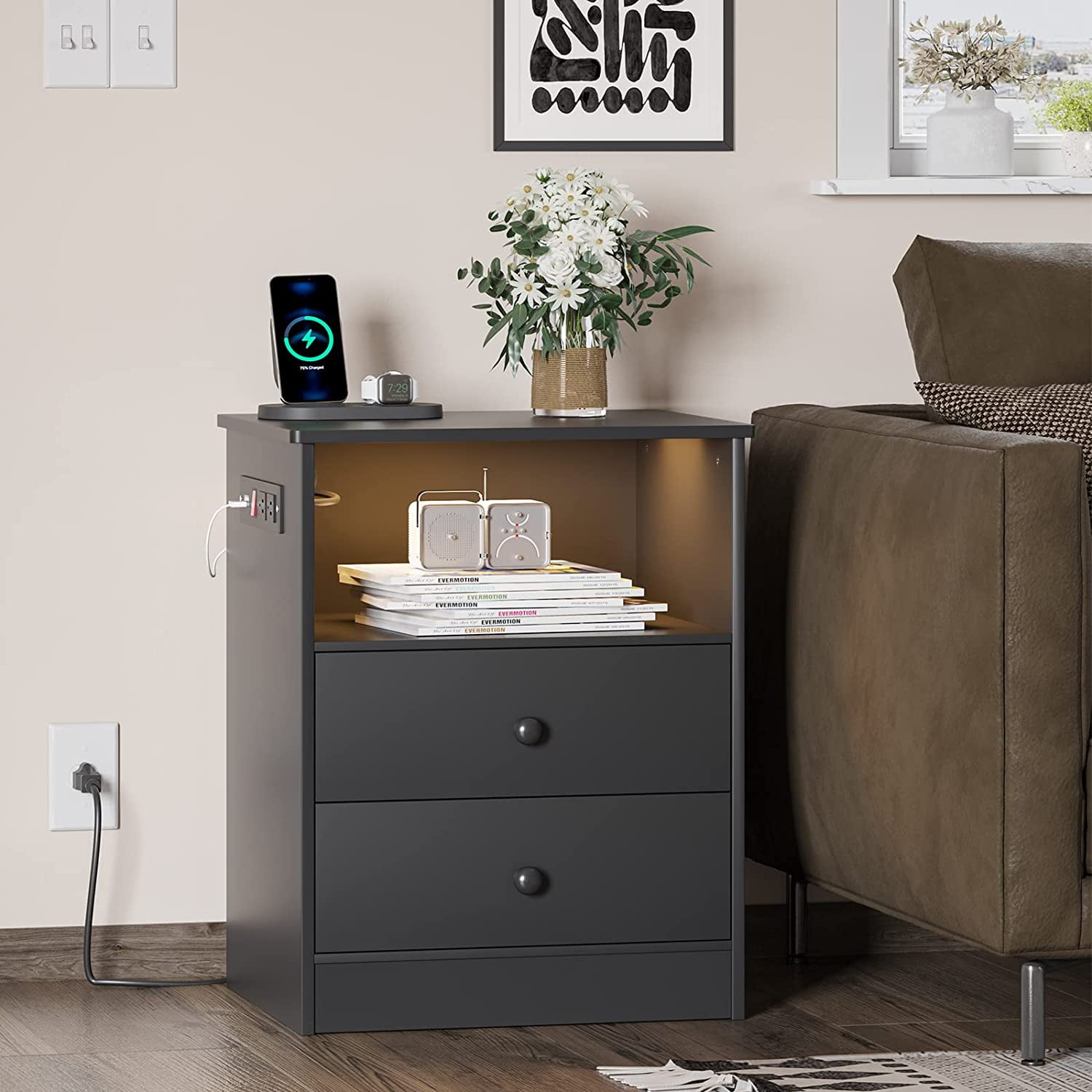 ADORNEVE 2 Drawers LED Light Nightstand with Charging Station, Black