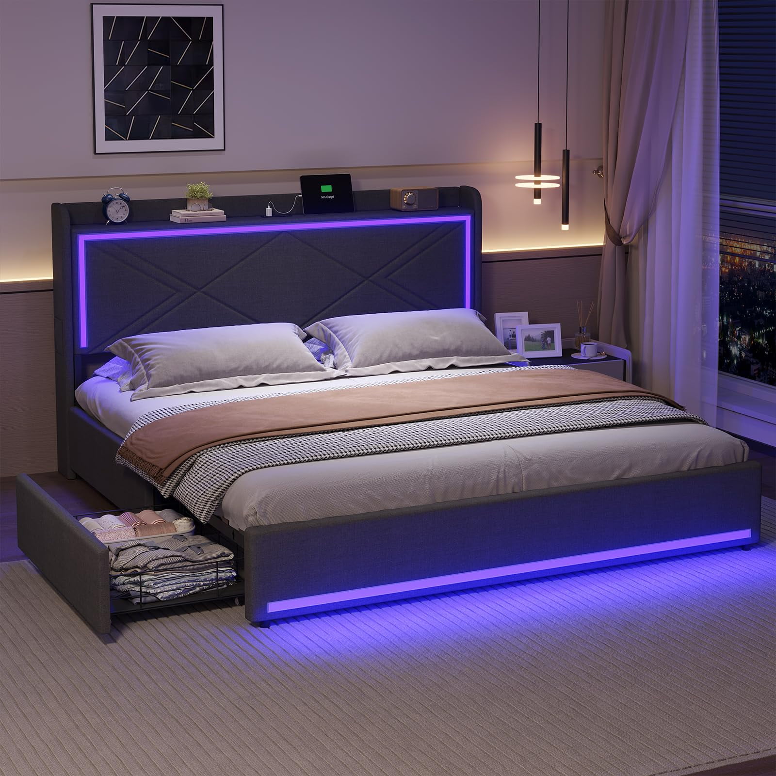 Full Dark Gray Upholstered Platform Bed with LED Lights and Storage Drawers