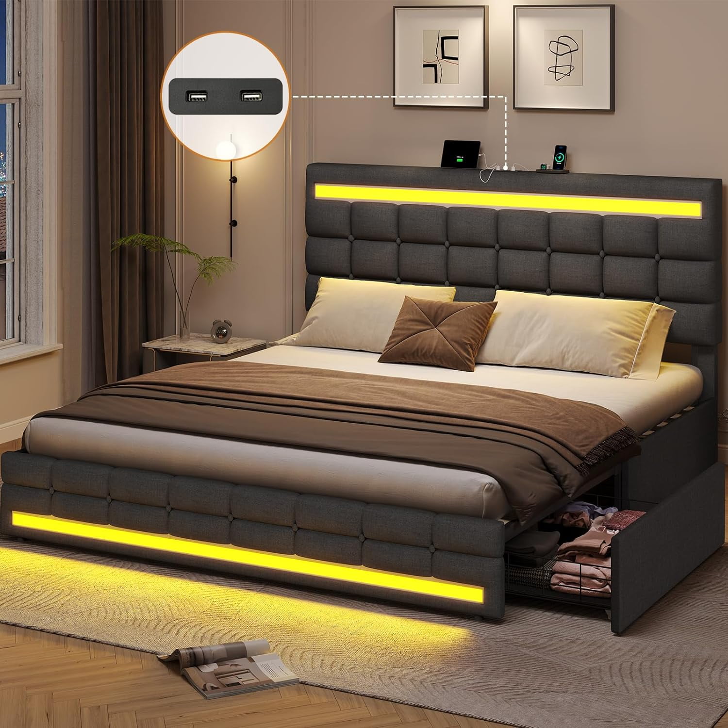 ADORNEVE King Size Upholstery Bed Frame with Storage, LED Lights, USB ...