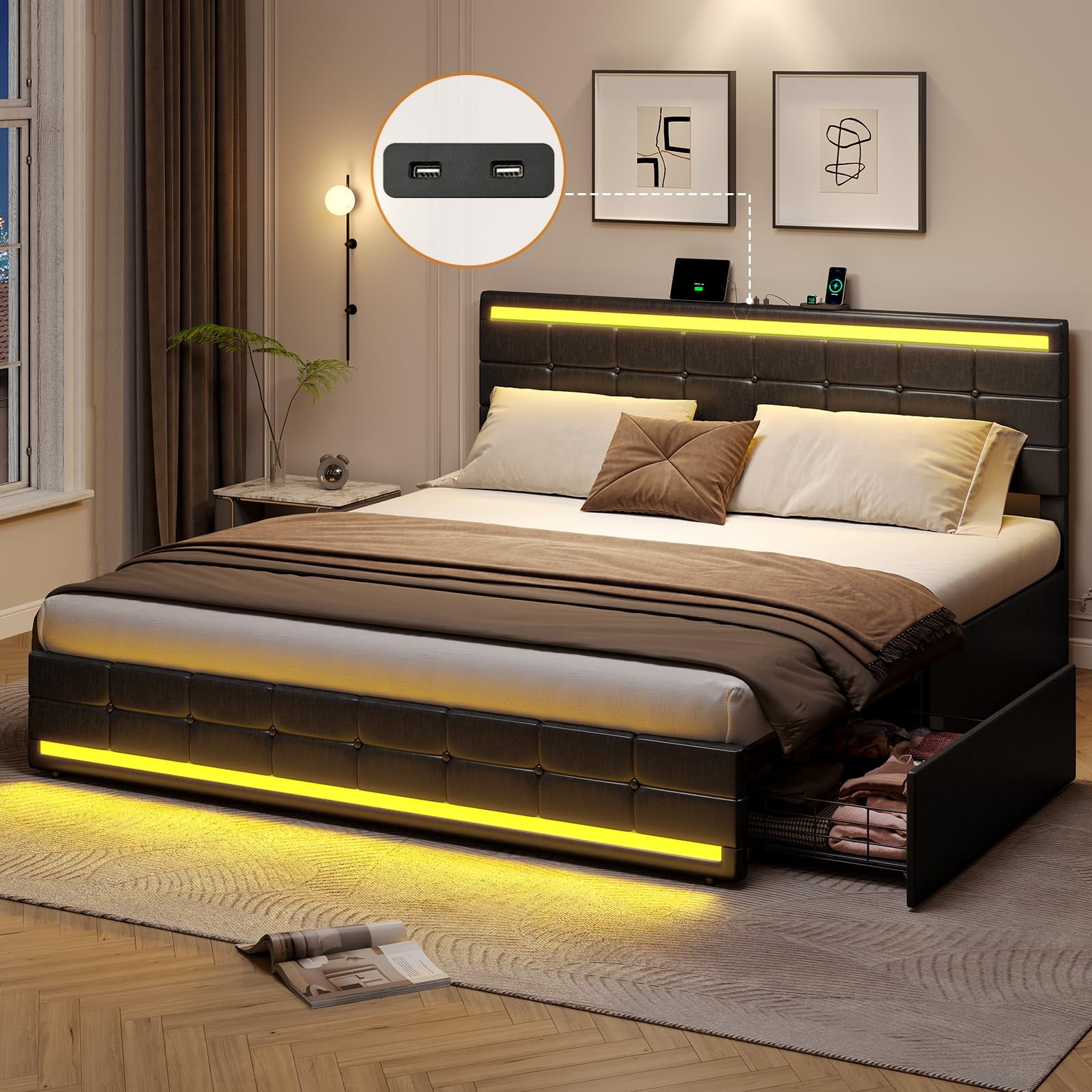 ADORNEVE King Size Platform Bed Frame with LED Lights, PU Leather Bed