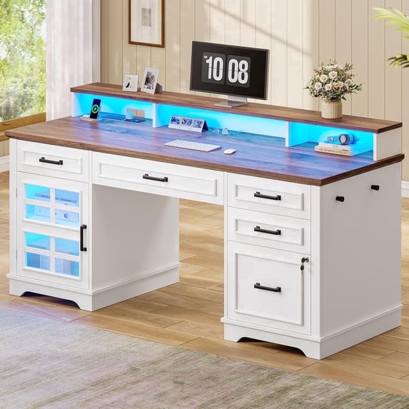 60'' Farmhouse Executive Desk with Drawers, Computer Desk with Power Outlet and LED Lights for Home, Office, White