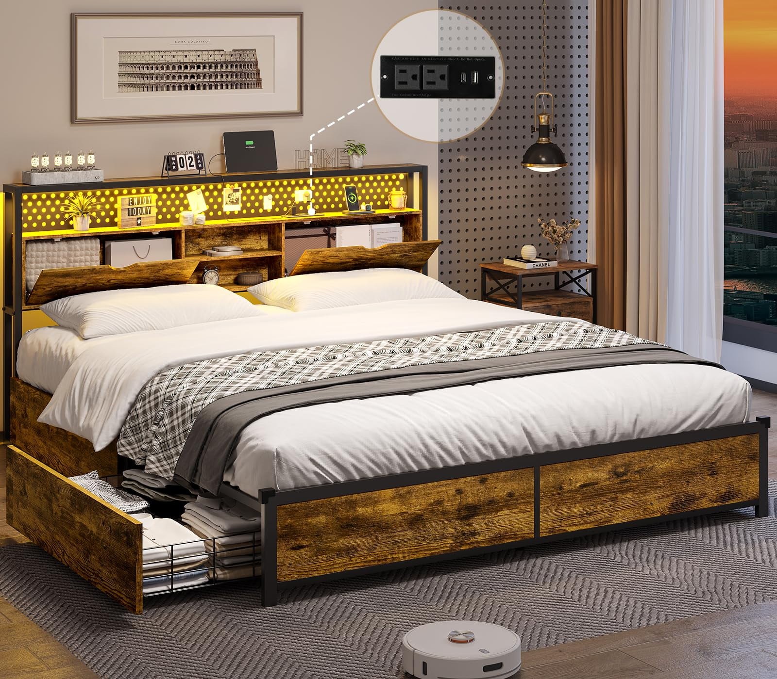 ADORNEVE LED Full Bed Frame with Storage Headboard, Metal Platform Bed