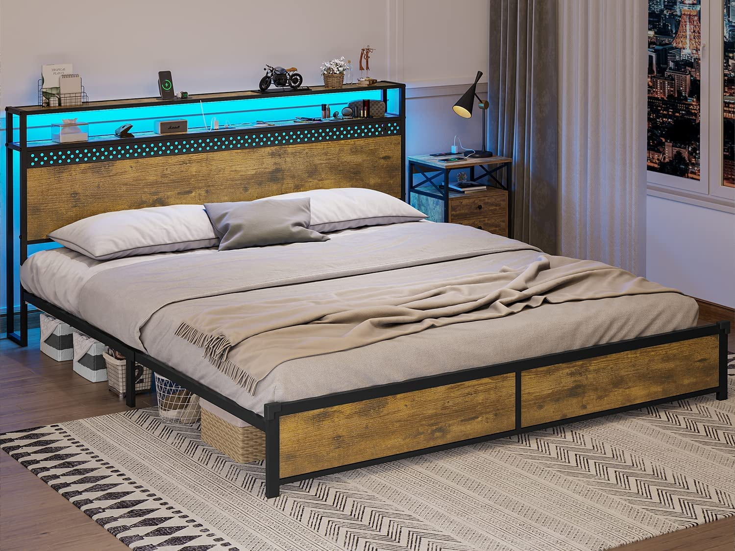 ADORNEVE LED King Bed Frame with Outlets and USB Ports, Metal Platform