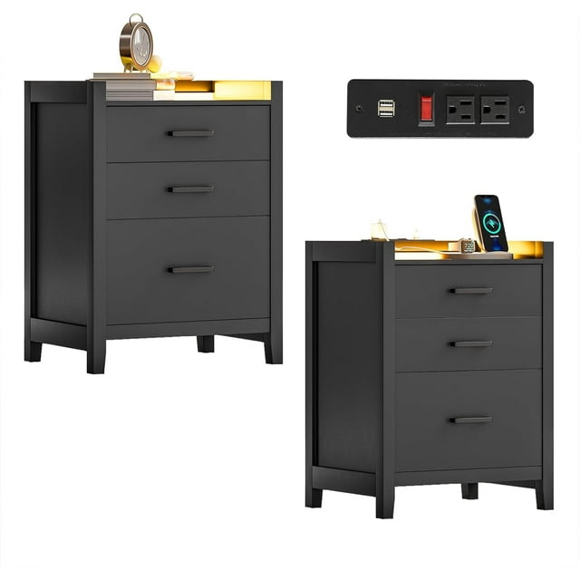 ADORNEVE LED Nightstand Set of 2 with Charging Station, Bedside Table