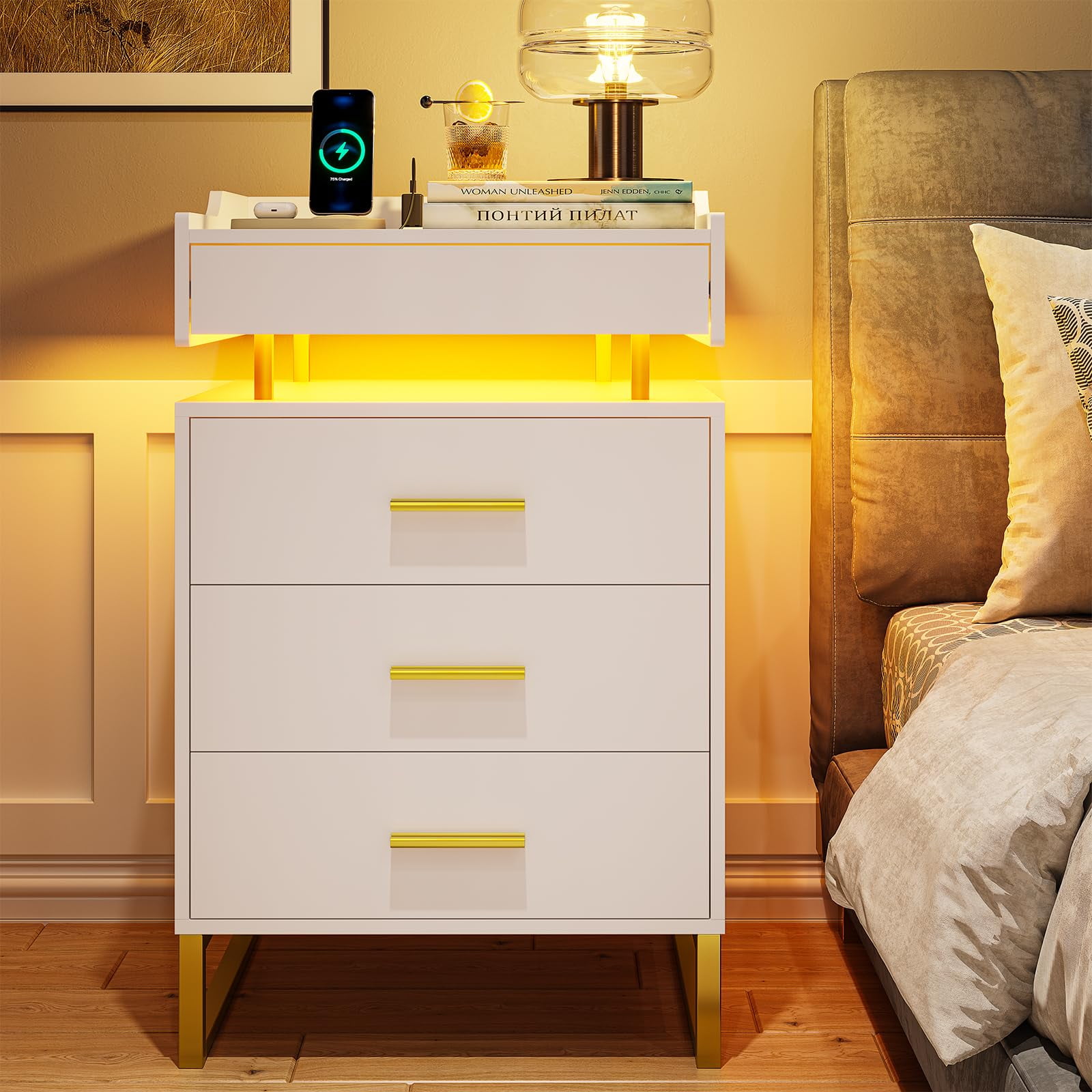 ADORNEVE LED Nightstand with Charger, 3Drawer Bedside Table with Tray