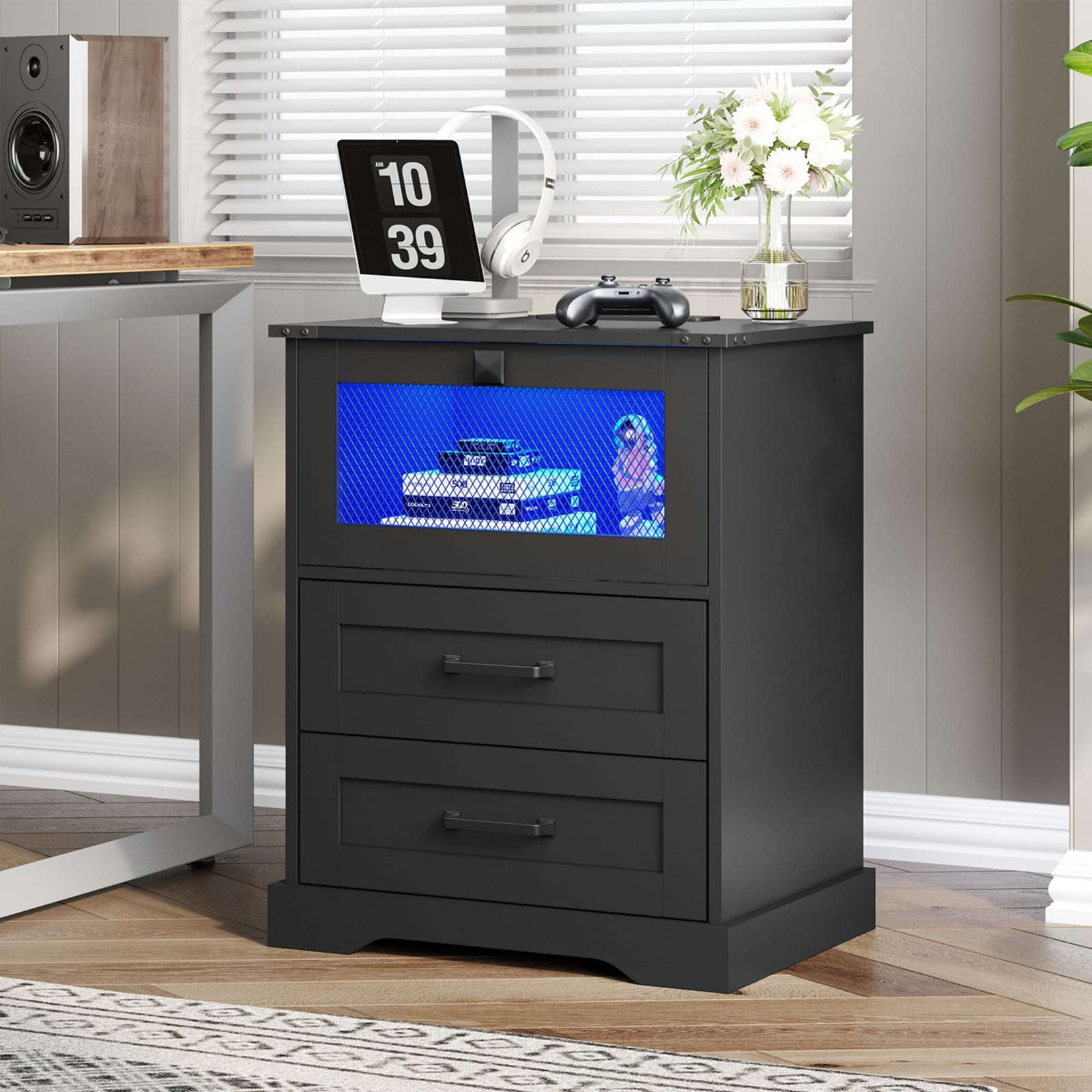 ADORNEVE LED Nightstand with Charging Station, Bedside Table with