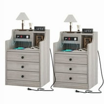 ADORNEVE Nightstand Set of 2 with Charging Station and 3 Storage Drawers, Bedside Table for Bedroom, Living Room, Grey