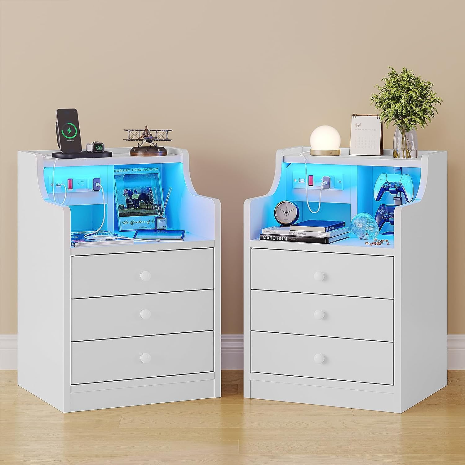 ADORNEVE Nightstand Set of 2 with Charging Station and LED Lights