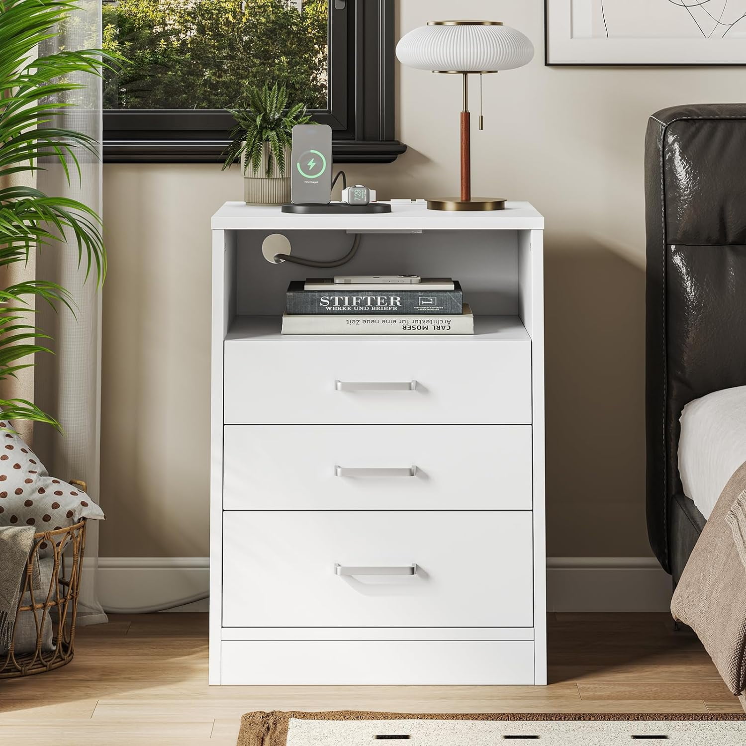 ADORNEVE Nightstand with 3 Drawers and Charging Station, Bedside Table