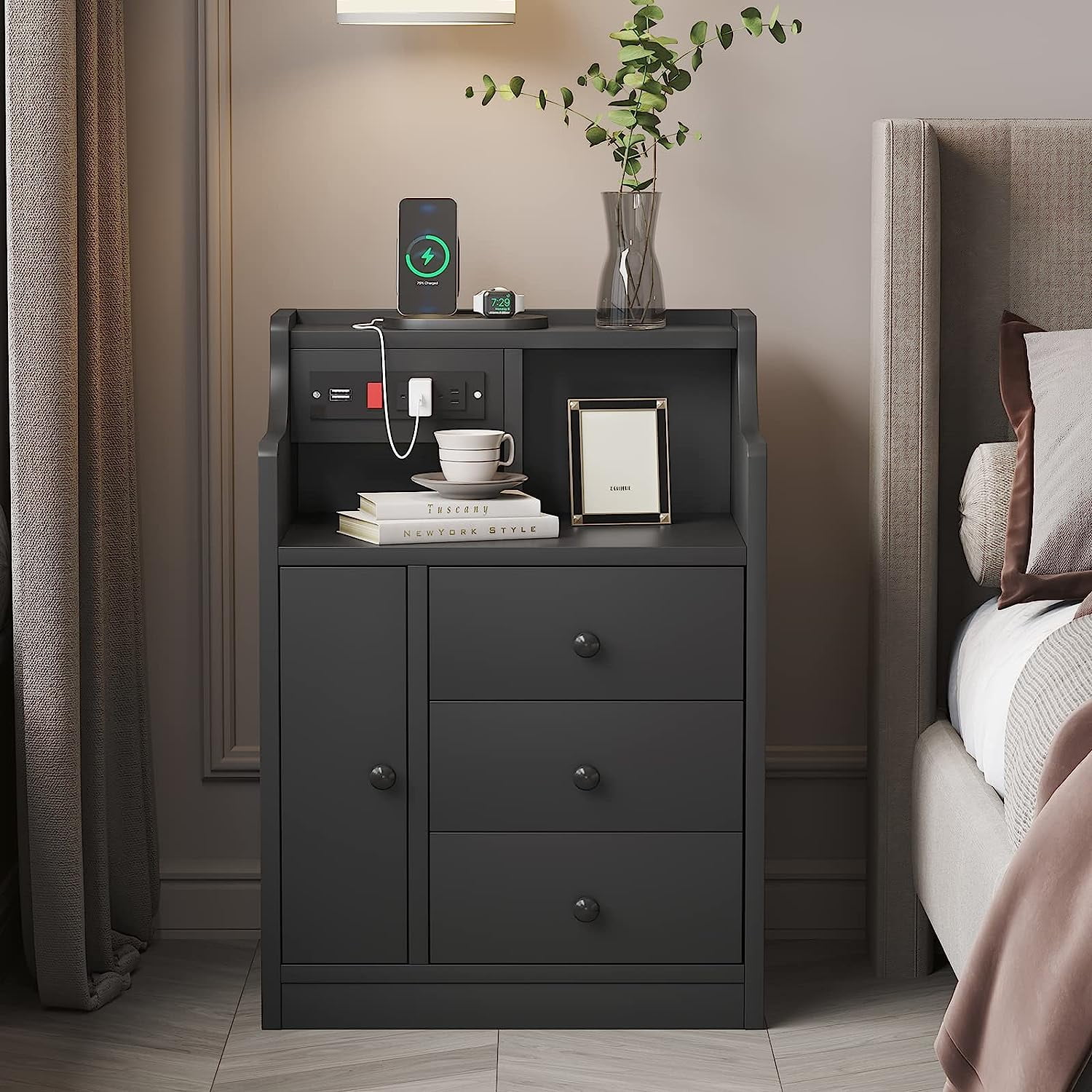 ADORNEVE Nightstand with Charging Station Bedside Table with Hutch and Power Outlets Black