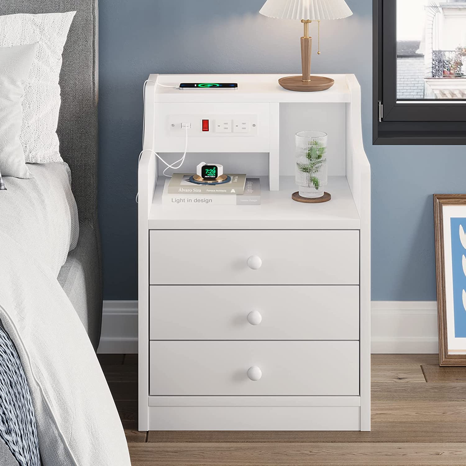 ADORNEVE Nightstand with Charging Station and 3 Storage Drawers, White - image 1 of 8