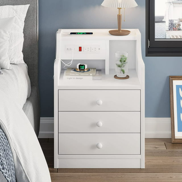 ADORNEVE Nightstand with Charging Station and 3 Storage Drawers, White