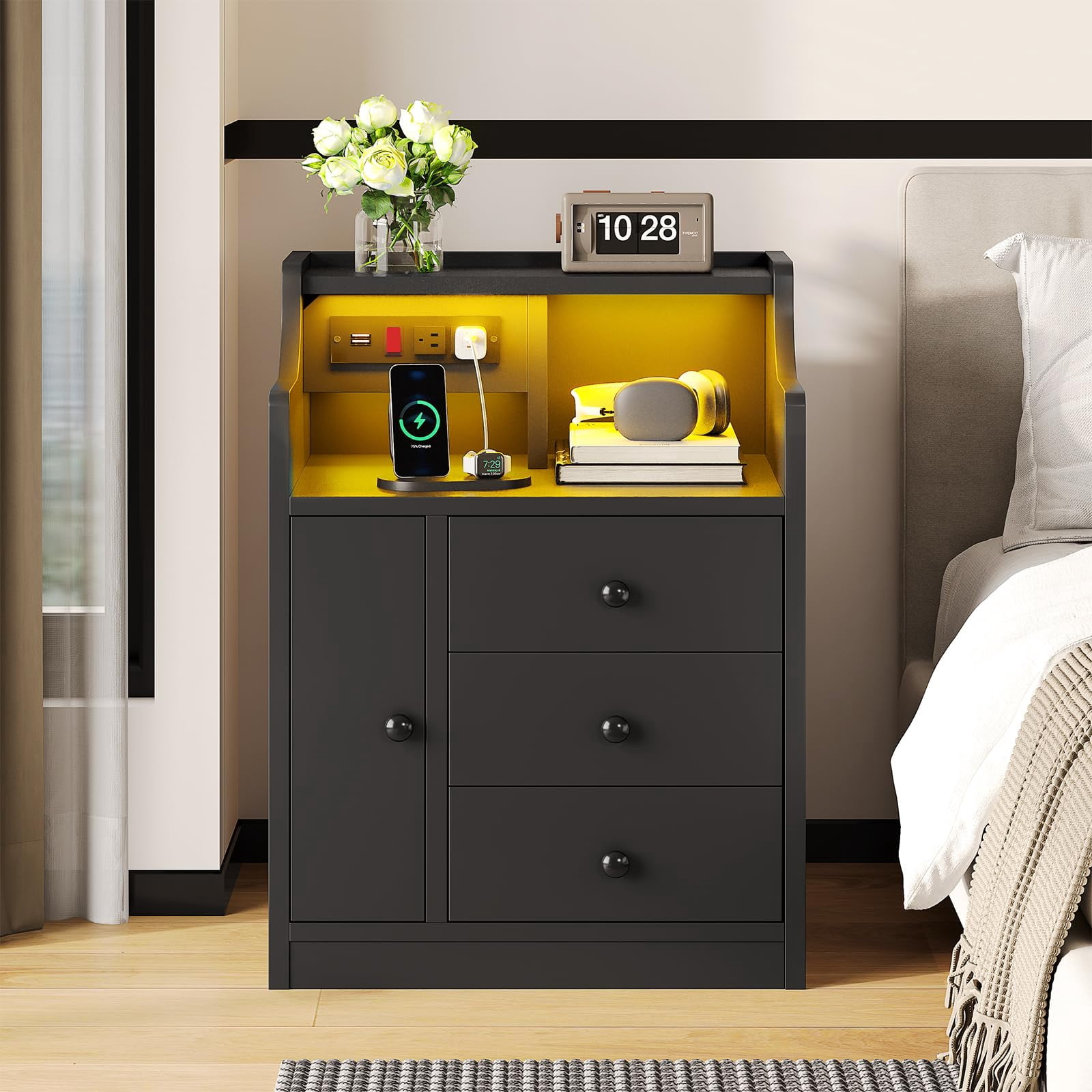 ADORNEVE Nightstand with Charging Station and LED Lights, Bedside Table