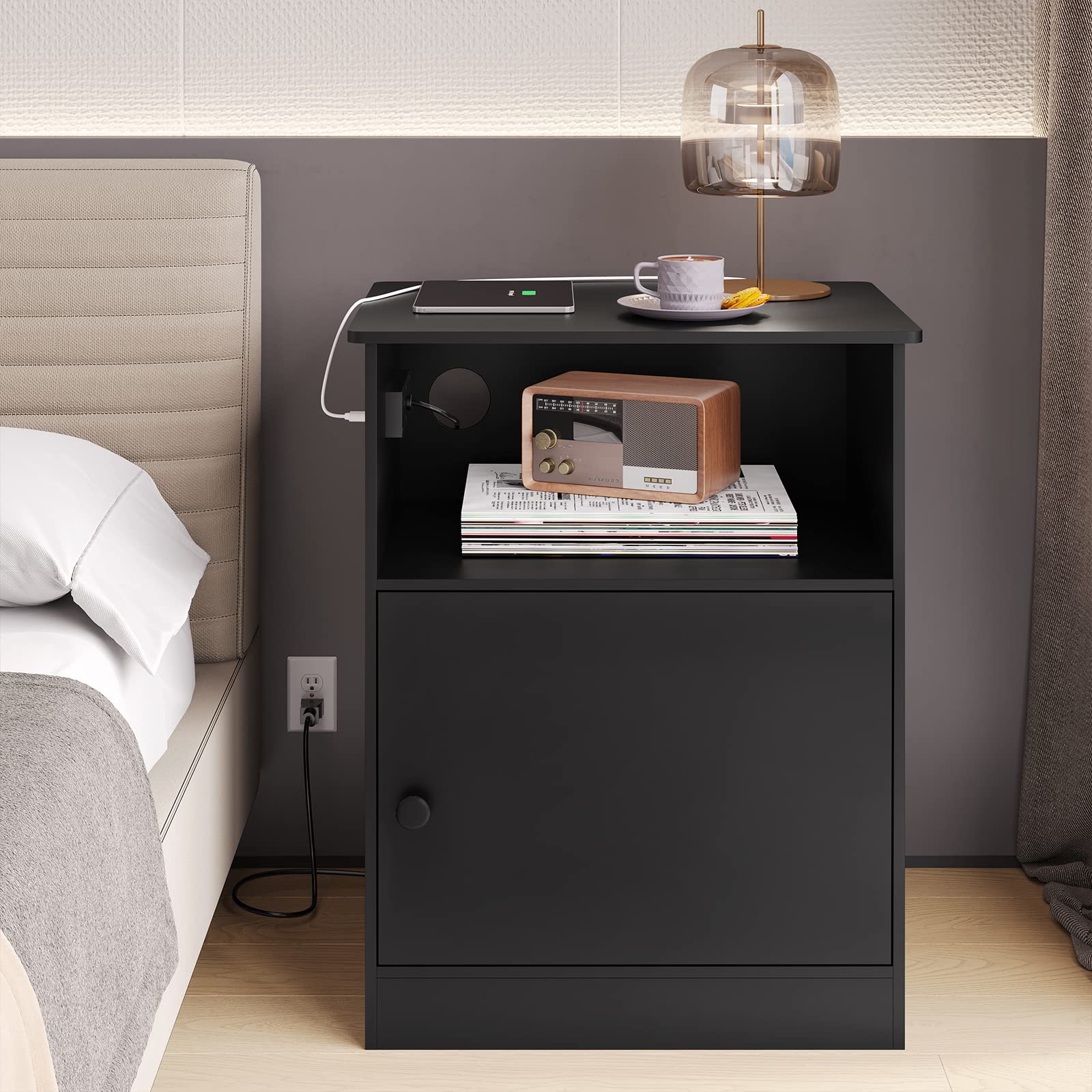 ADORNEVE Nightstand with Charging Station and USB Ports, Modern Bedside