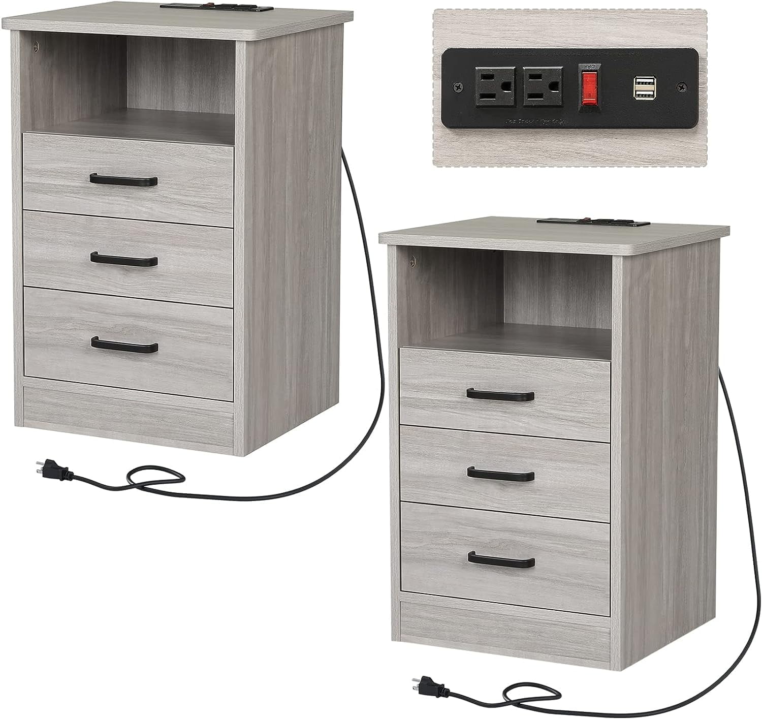 ADORNEVE Grey Nightstands Set of 2, Modern Wood Bedside Tables with