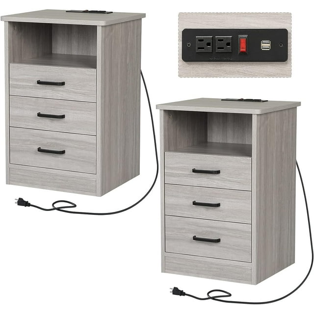 ADORNEVE Grey Nightstands Set of 2, Modern Wood Bedside Tables with