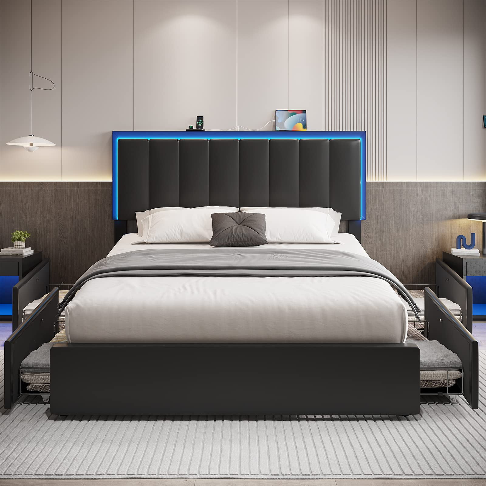 Queen Black Faux Leather LED Bed Frame with Storage Drawers and USB Ports
