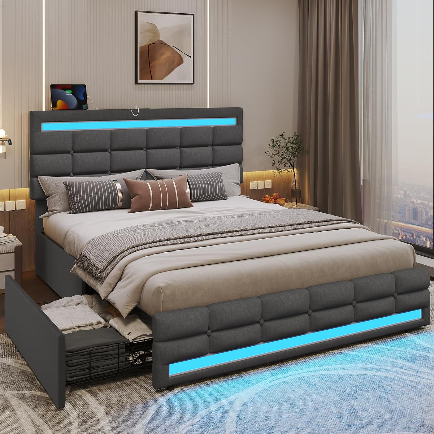 ADORNEVE Queen Size Bed Frame with 2 USB Charging Station, Platform Bed ...