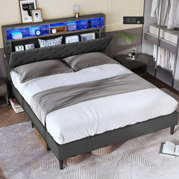 ADORNEVE Queen Size Bed Frame with Outlets and USB Ports, Button Tufted Platform Bed with LED Lights and Headboard Storage, No Box Spring Needed, Dark Grey