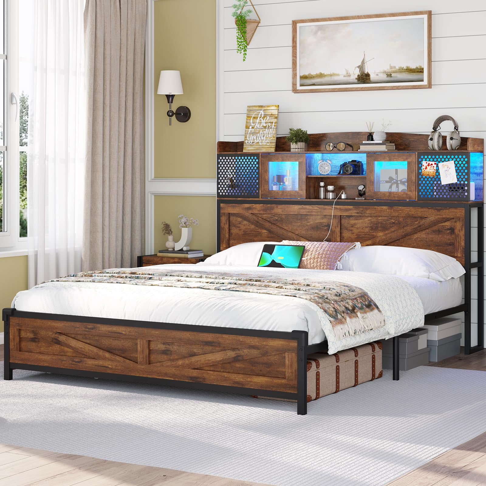 ADORNEVE Queen Size LED Bed Frame with Charging Station, Farmhouse
