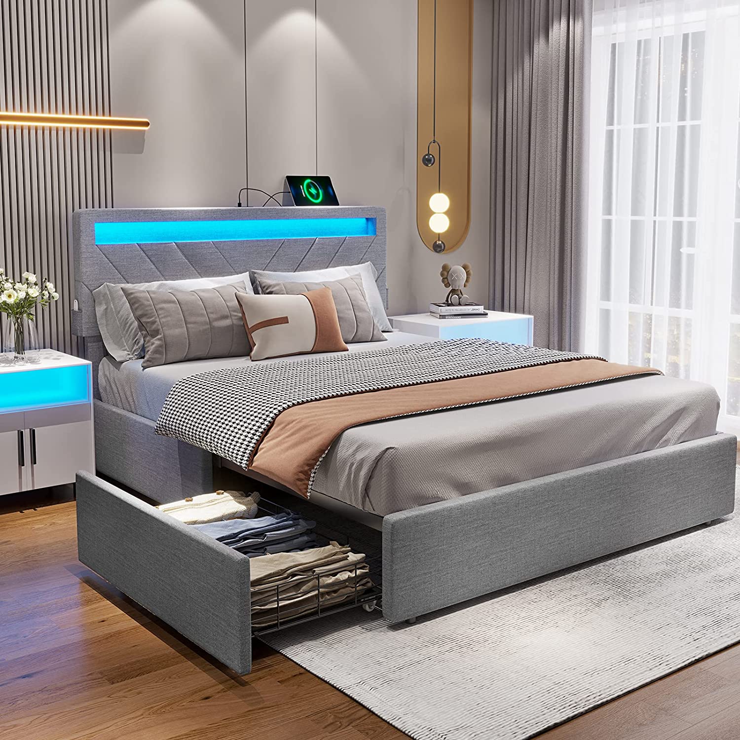 ADORNEVE Queen Size LED Bed Frame with Drawers, Upholstered Platform Bed with 2 USB Charging Station, No Box Spring Needed, Light Grey - image 1 of 8