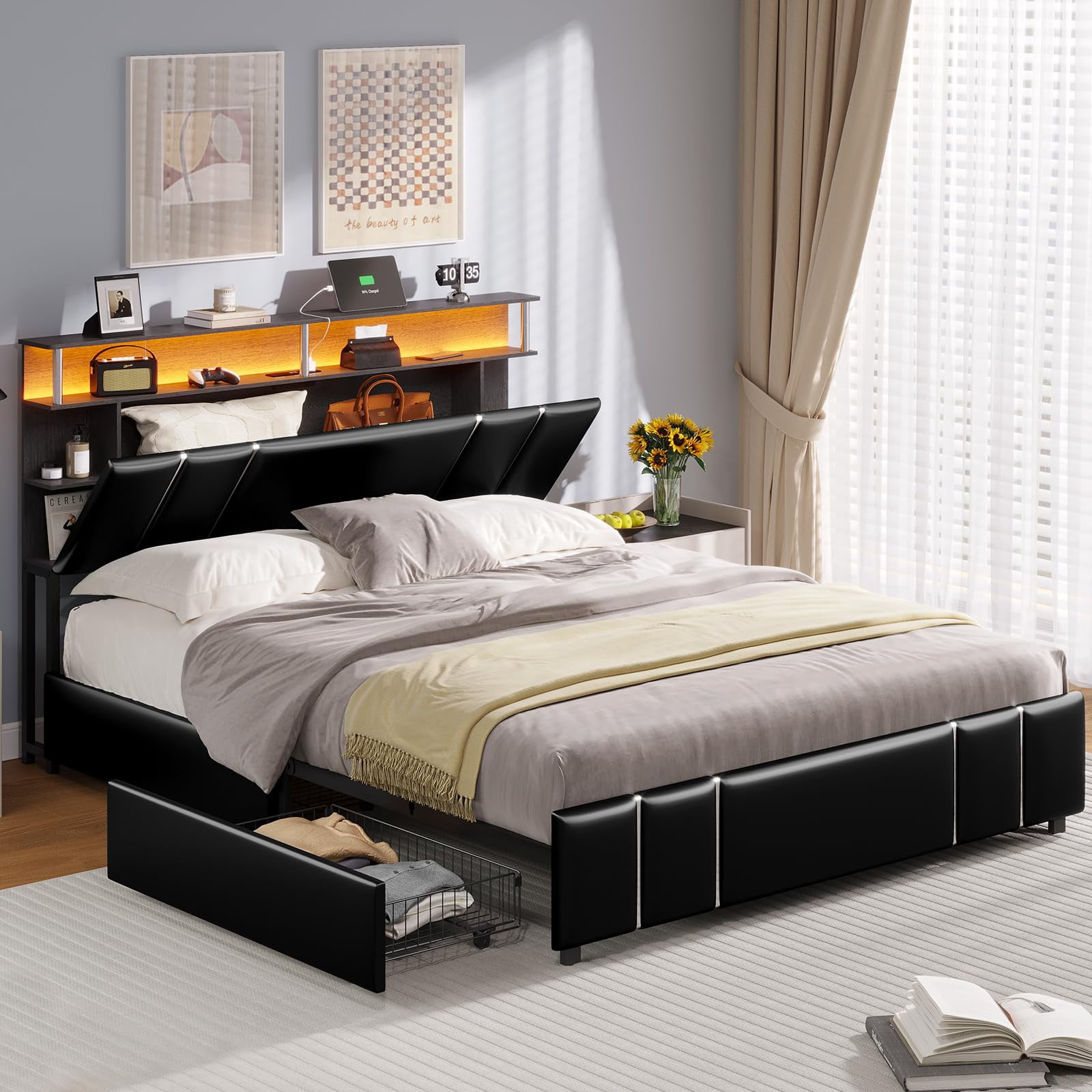 ADORNEVE Queen LED Bed Frame with USB Charging, Storage Headboard, 4 ...