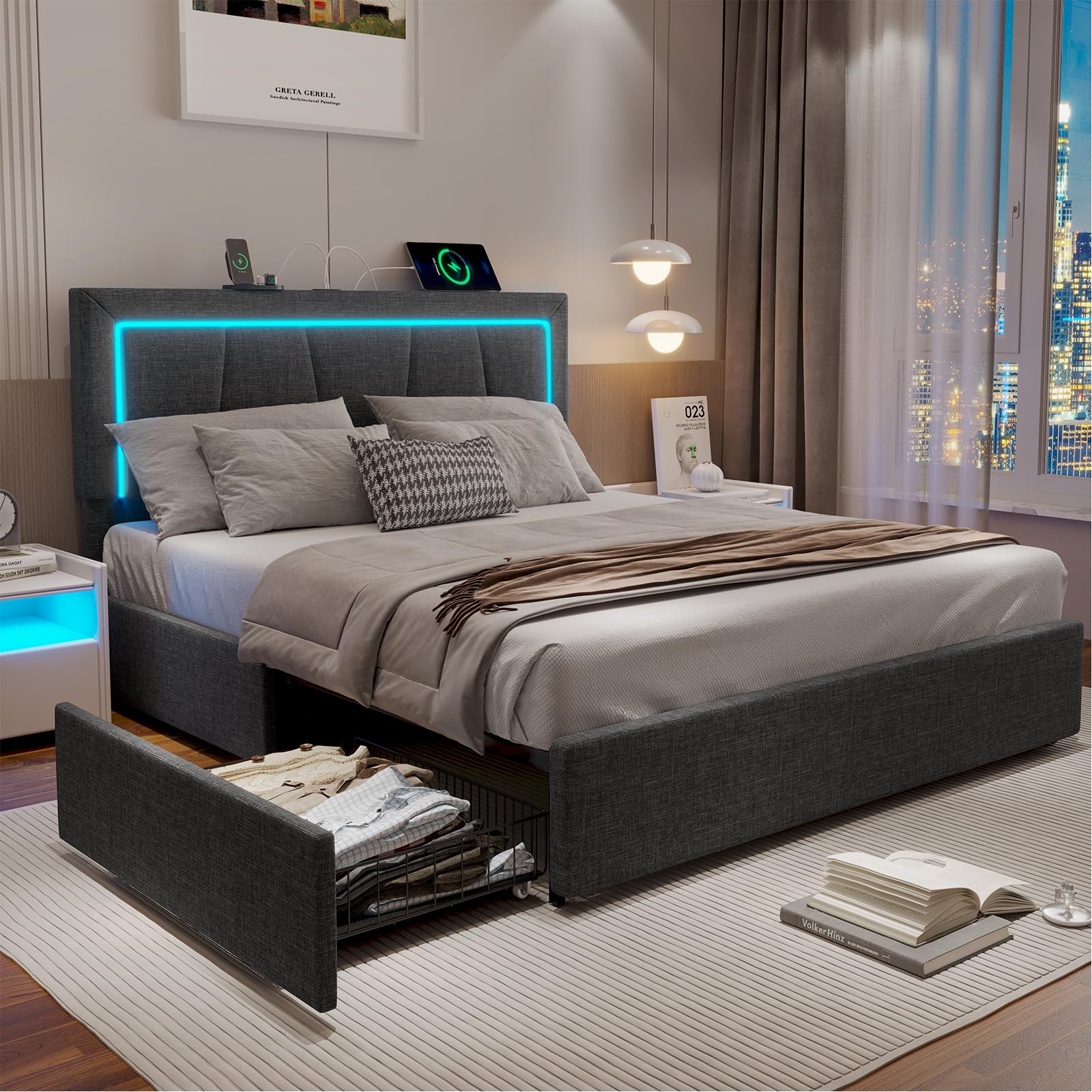 ADORNEVE Queen Size Upholstered Platform Bed Frame with LED Headboard