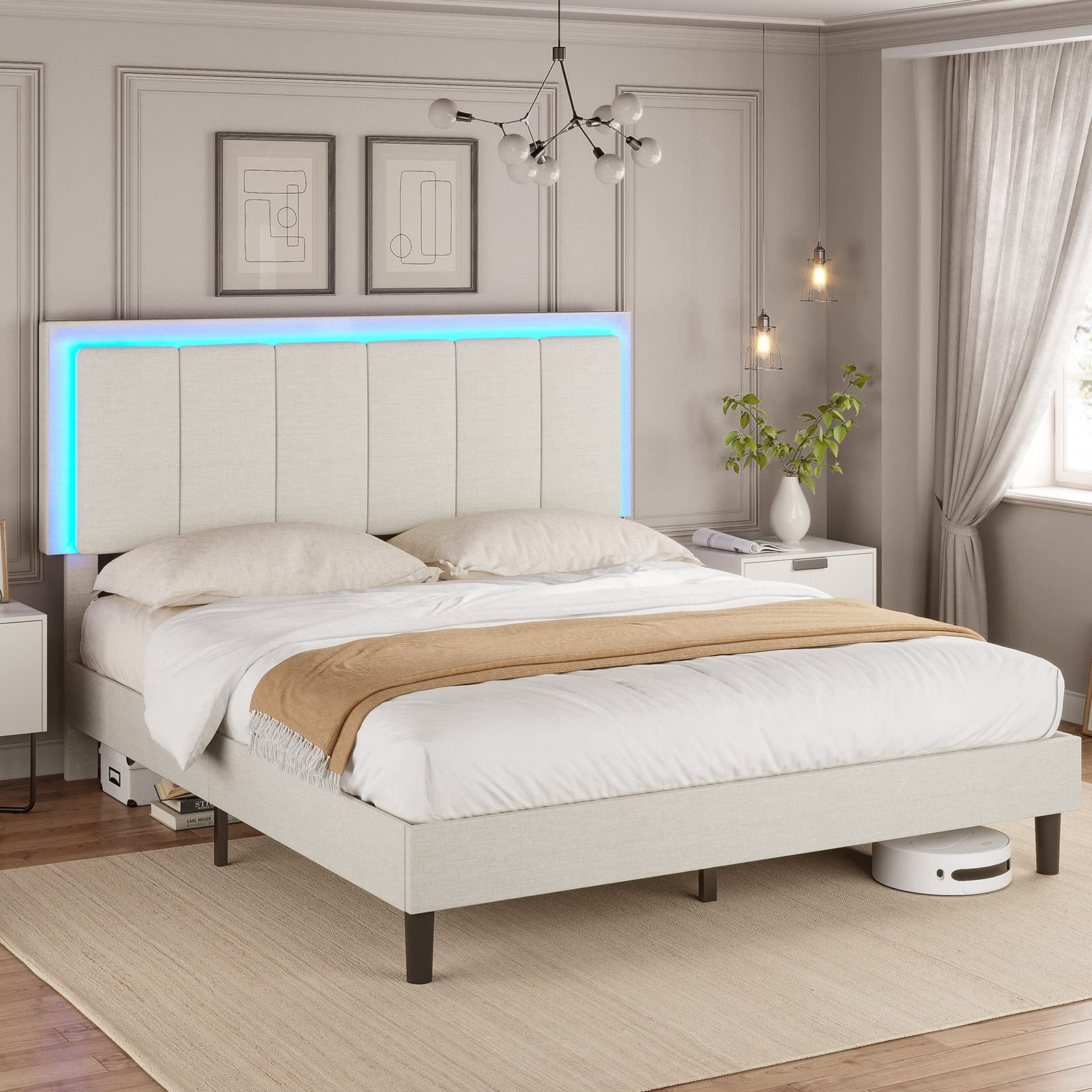 ADORNEVE Queen Size Upholstered Platform Bed Frame with Led Headboard