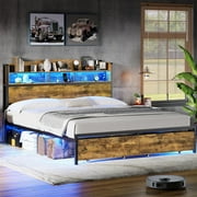 ADORNEVE Queen size LED Bed Frame with USB-C/A Charging Station, Metal Platform Bed with RGB Light Headboard and 2 Storage Drawers, No Box-Spring Needed, Vintage Brown