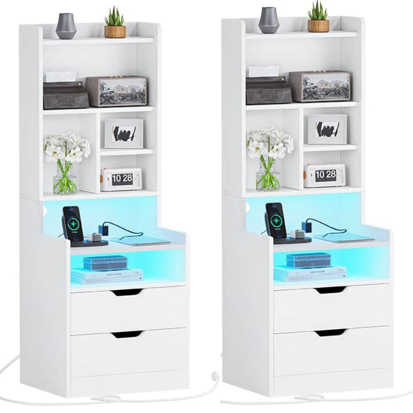 ADORNEVE 2 Tall Nightstands with Bookshelf, Side Tables with USB