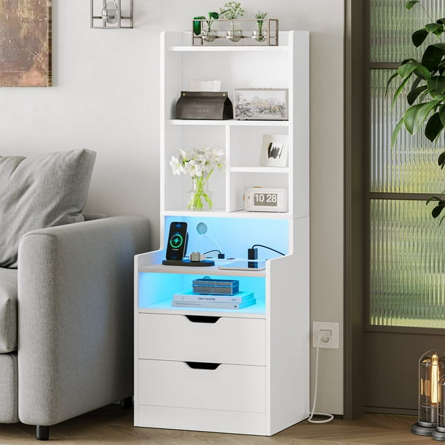 ADORNEVE Tall Nightstand with Bookshelf, Bedside Table with Charging