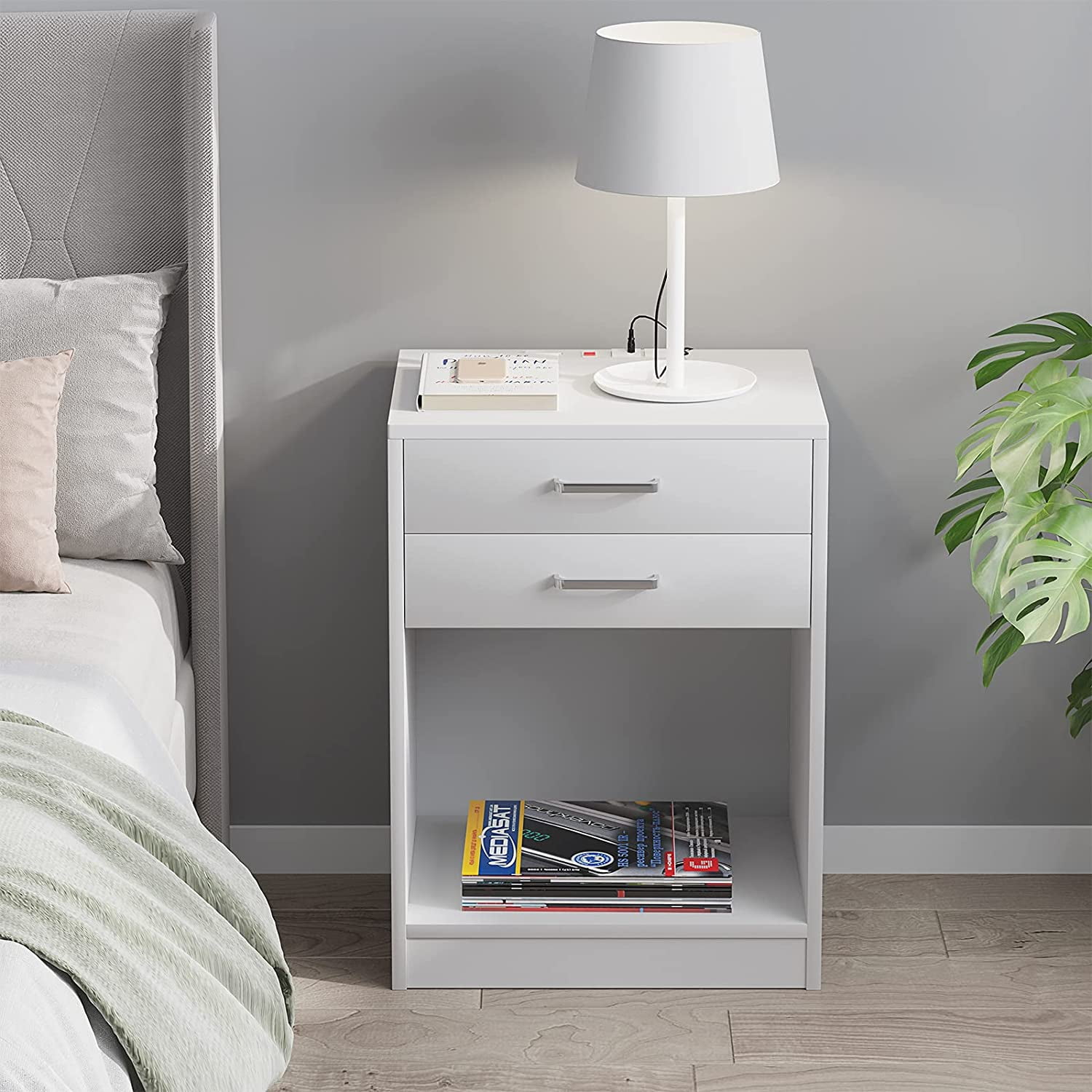 ADORNEVE White Nightstand with Charging Station and USB Port, 2 Drawers