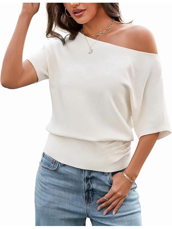 Off Shoulder Tops for Women - Short Sleeve Batwing Sweater Soft Cinched Waist Knit Summer Going Out Top Date Night White M