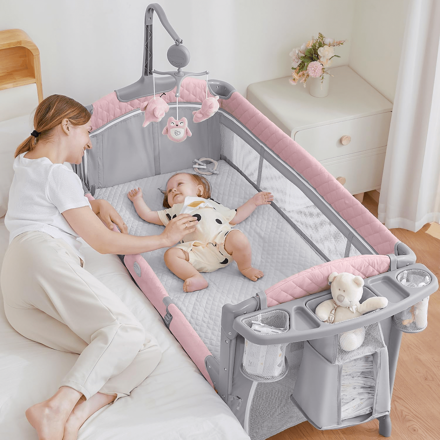 ADOVEL Baby Bassinet Bedside Crib, Pack and Play with Mattress, Diaper Changer and Playards from Newborn to Toddles,Pink