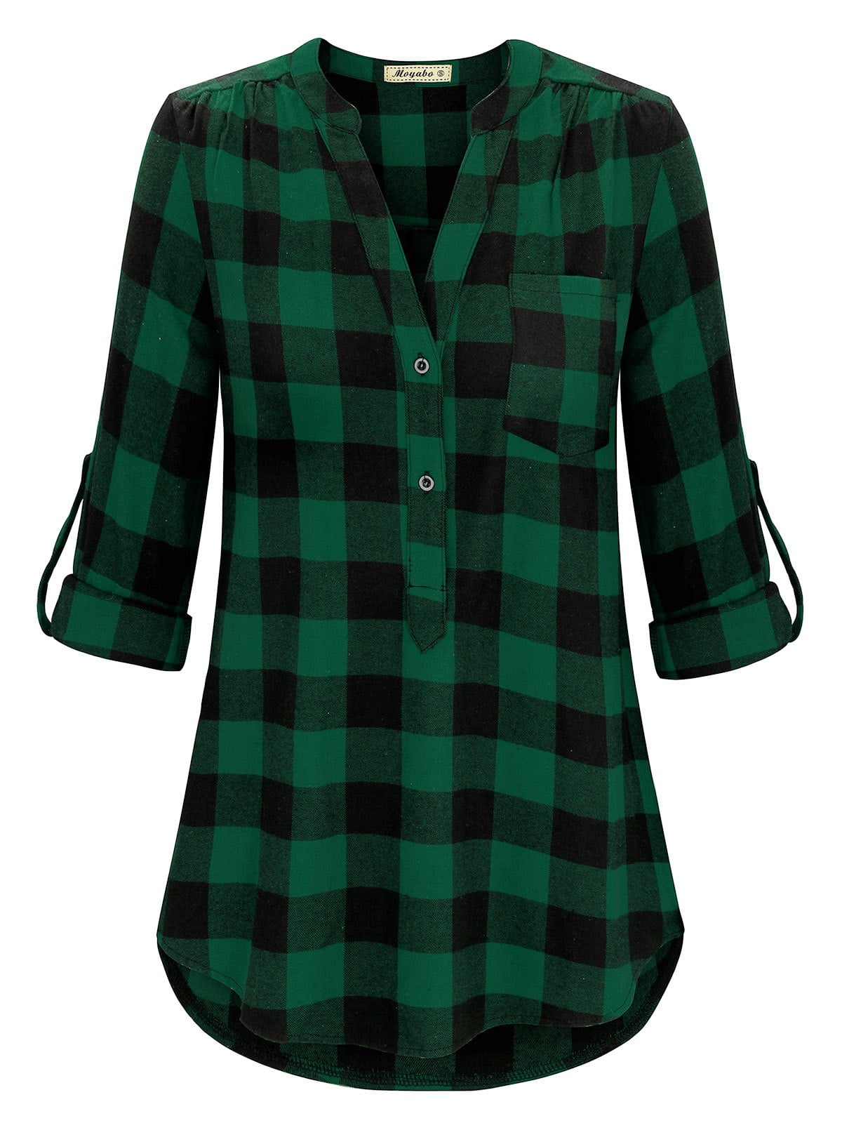 ADREAMLY Flannel Plaid Shirt for Women 3/4 Sleeve V Neck Tunic Tops ...