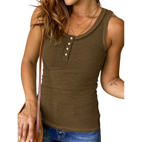 ADREAMLY Henley Ribbed Tank Tops for Women Button Down Sleeveless Top Summer Casual Basic Shirts