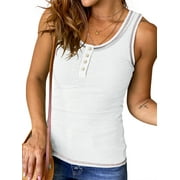 ADREAMLY Henley Ribbed Tank Tops for Women Button Down Sleeveless Top Summer Casual Basic Shirts
