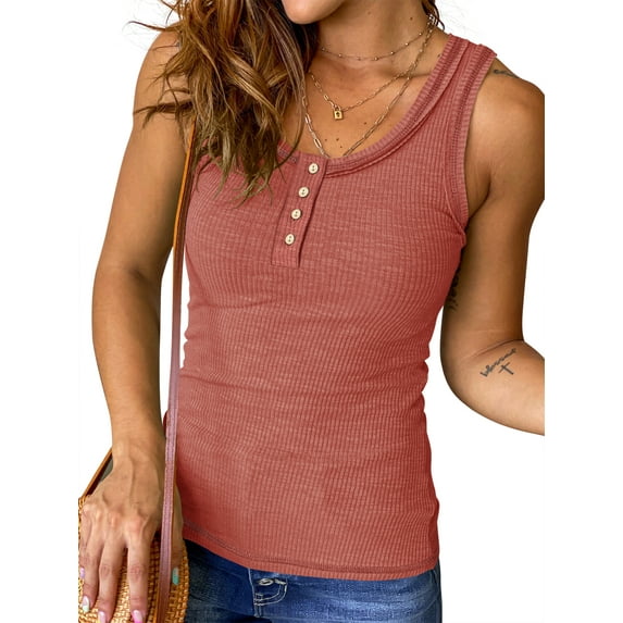 ADREAMLY Henley Ribbed Tank Tops for Women Button Down Sleeveless Top Summer Casual Basic Shirts