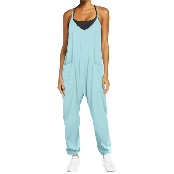 ADREAMLY Maternity Romper Pants for Women V Neck Racerback Long Jumpsuits Overalls with Pockets