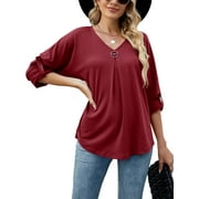 ADREAMLY Women 3/4 Sleeve Tunic Tops Button V Neck Plus Size Tunic Shirt Basic Work Blouses