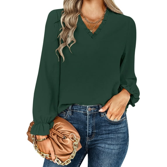 ADREAMLY Women Blouses V Neck Chiffon Long Sleeve Tops Casual Loose Blouses
