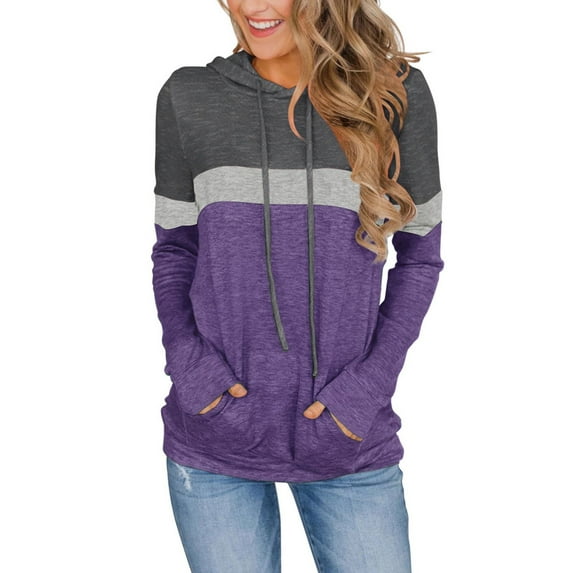 ADREAMLY Women Color Block Pullover Hoodie Plus Size Casual Long Sleeve Hooded Sweatshirt with Pocket