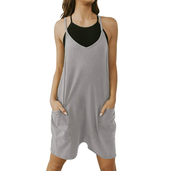 ADREAMLY Women Sling Short Jumpsuit Summer Racerback Sleeveless Romper with Pockets