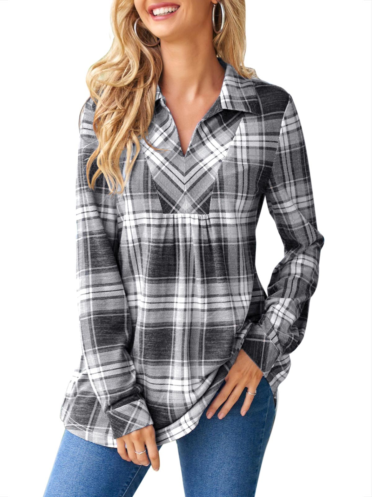 ADREAMLY Women's Plaid Tunic Casual V Neck Long Sleeve Pullover Shirt