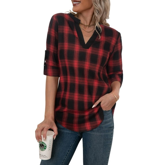 ADREAMLY Womens V Neck Plaid Shirts 3/4 Sleeve Pullover Tunic Tops Casual Work Shirt